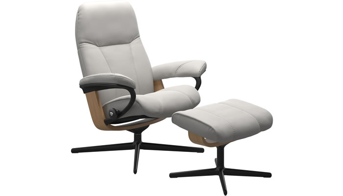 Stressless Consul Cross Recliner and Stool in Batick Platinum Grey Leather